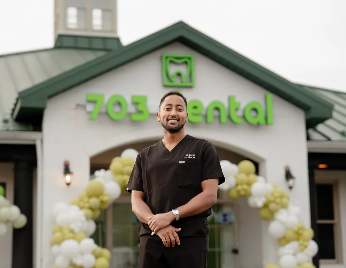 Dr. Bilal Ali, DDS, outside the 703 Dental office in Woodbridge, VA