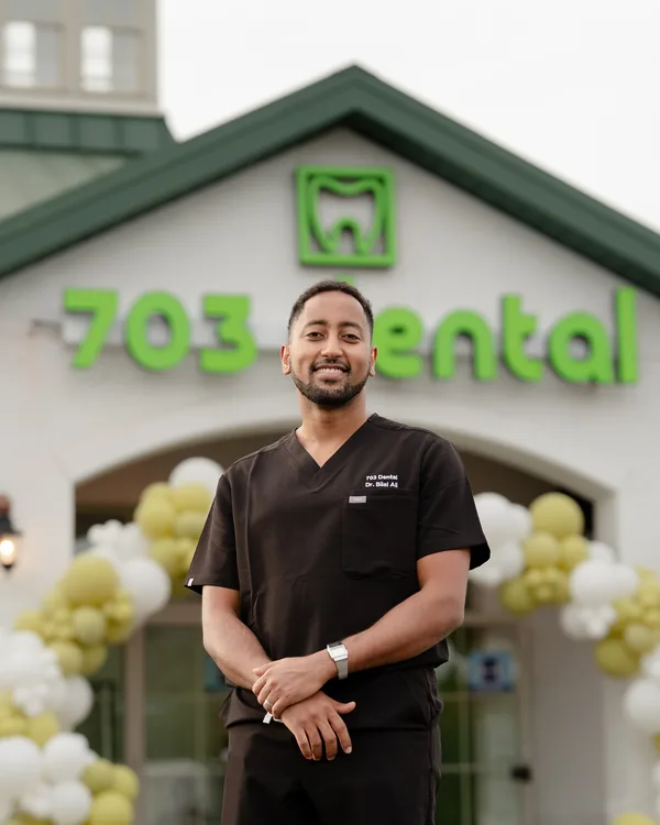 Dr. Bilal Ali, DDS, founder of 703 Dental, outside the Woodbridge, VA office