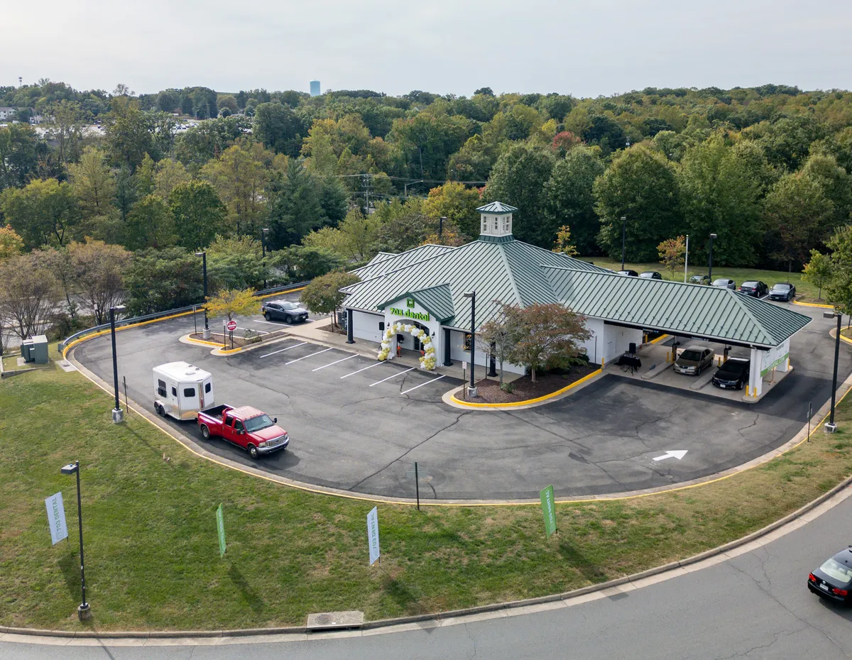 Aerial view of the 703 Dental office and parking lot in Woodbridge, VA