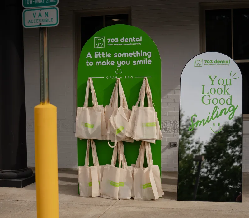 Welcome tote bags for patients outside 703 Dental in Woodbridge, VA
